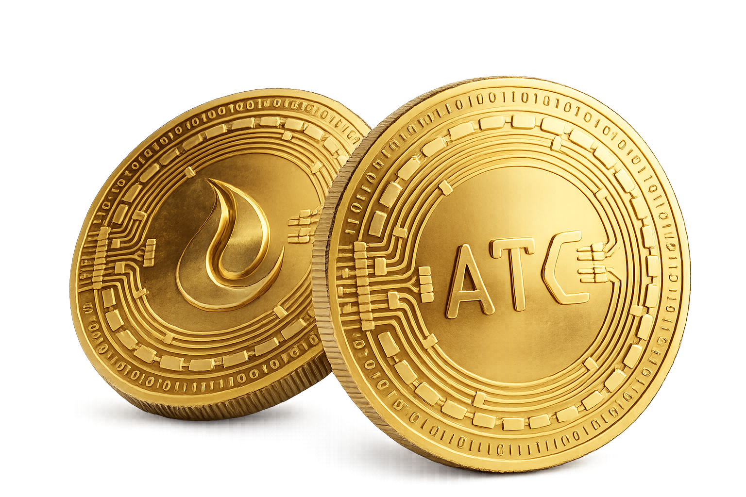 Par de moedas do token AQUATECH COIN (ATC), uma com o símbolo de água e outra com a sigla ATC